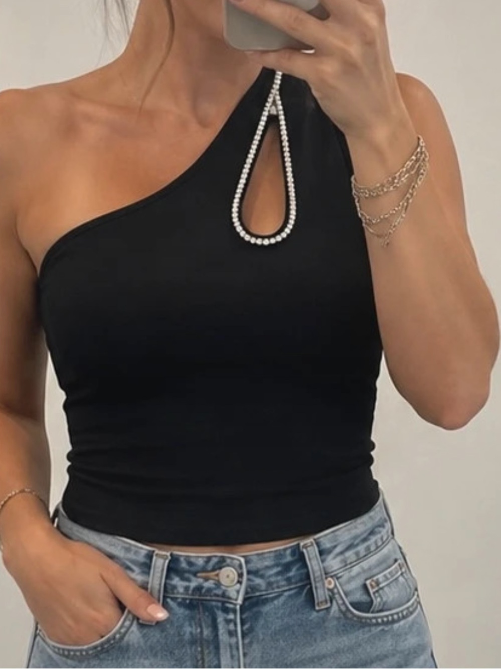 H&M Black One-Shoulder Tank with Rhinestone Strap-S